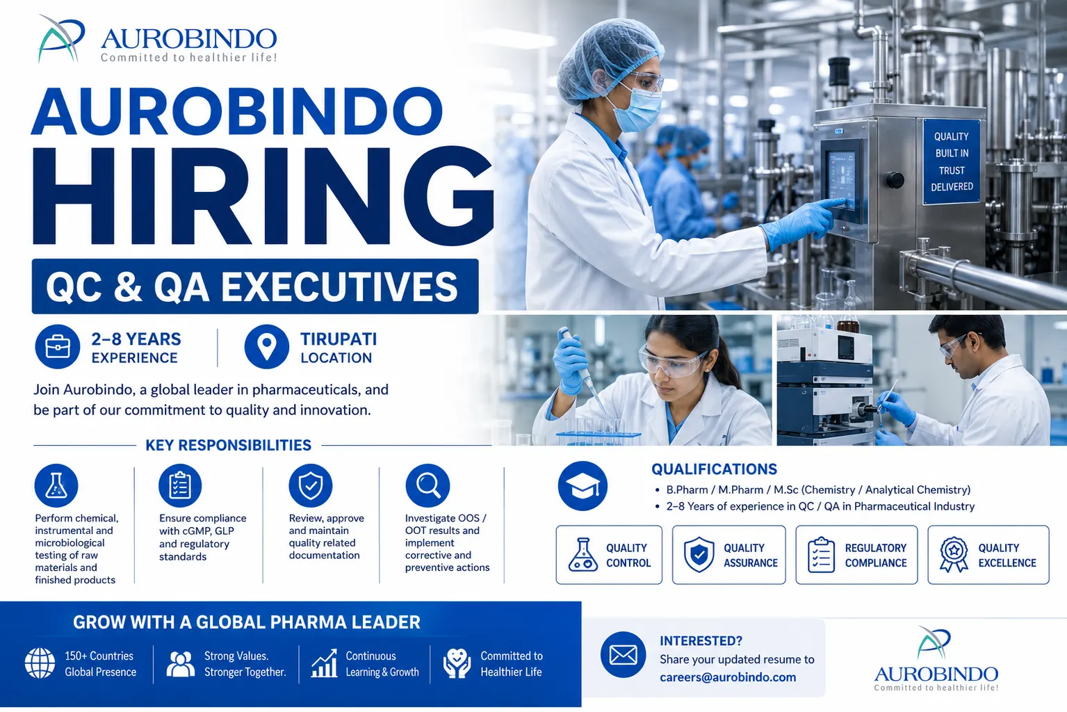 Aurobindo APL HealthCare Hiring QC QA Executives in Naidupeta Tirupati