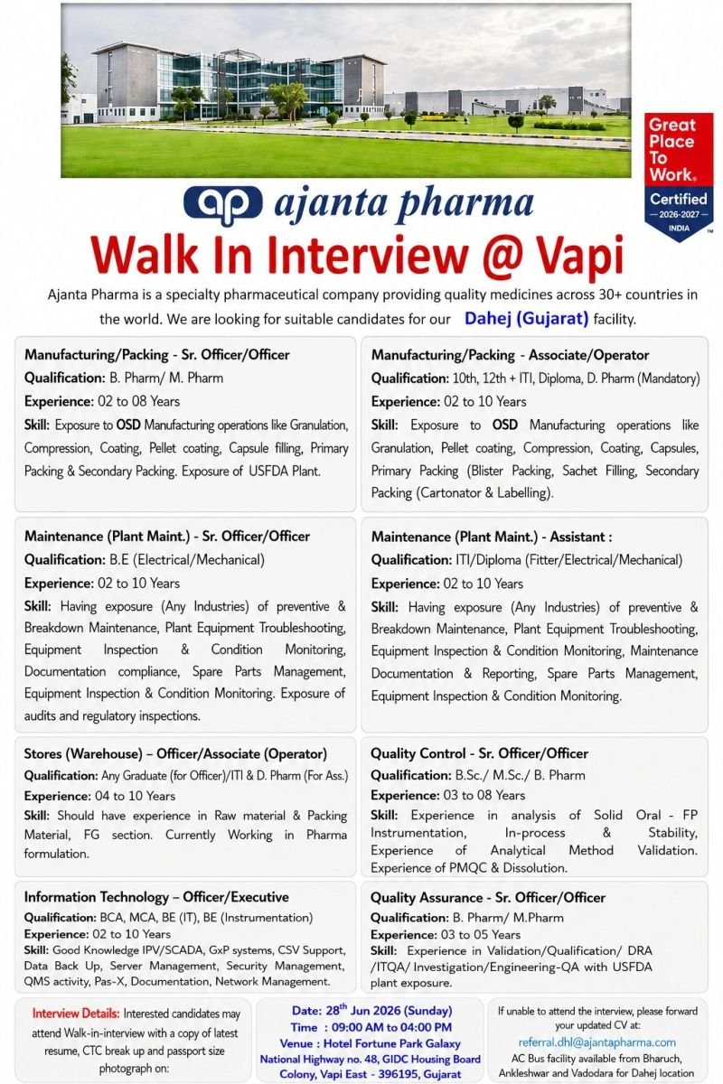 Ajanta Pharma Walk-In Interview 2026
