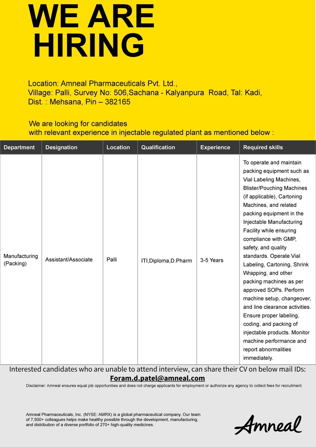 Amneal Pharmaceuticals Hiring Manufacturing Packing