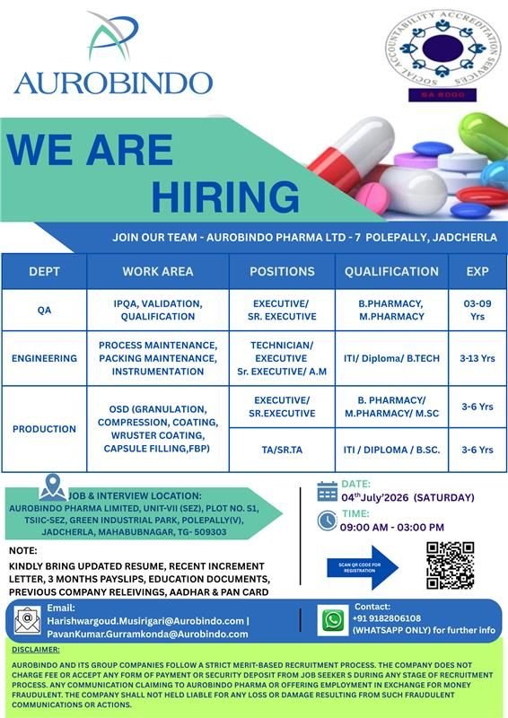 Aurobindo Pharma Walk-In 4 July 2026