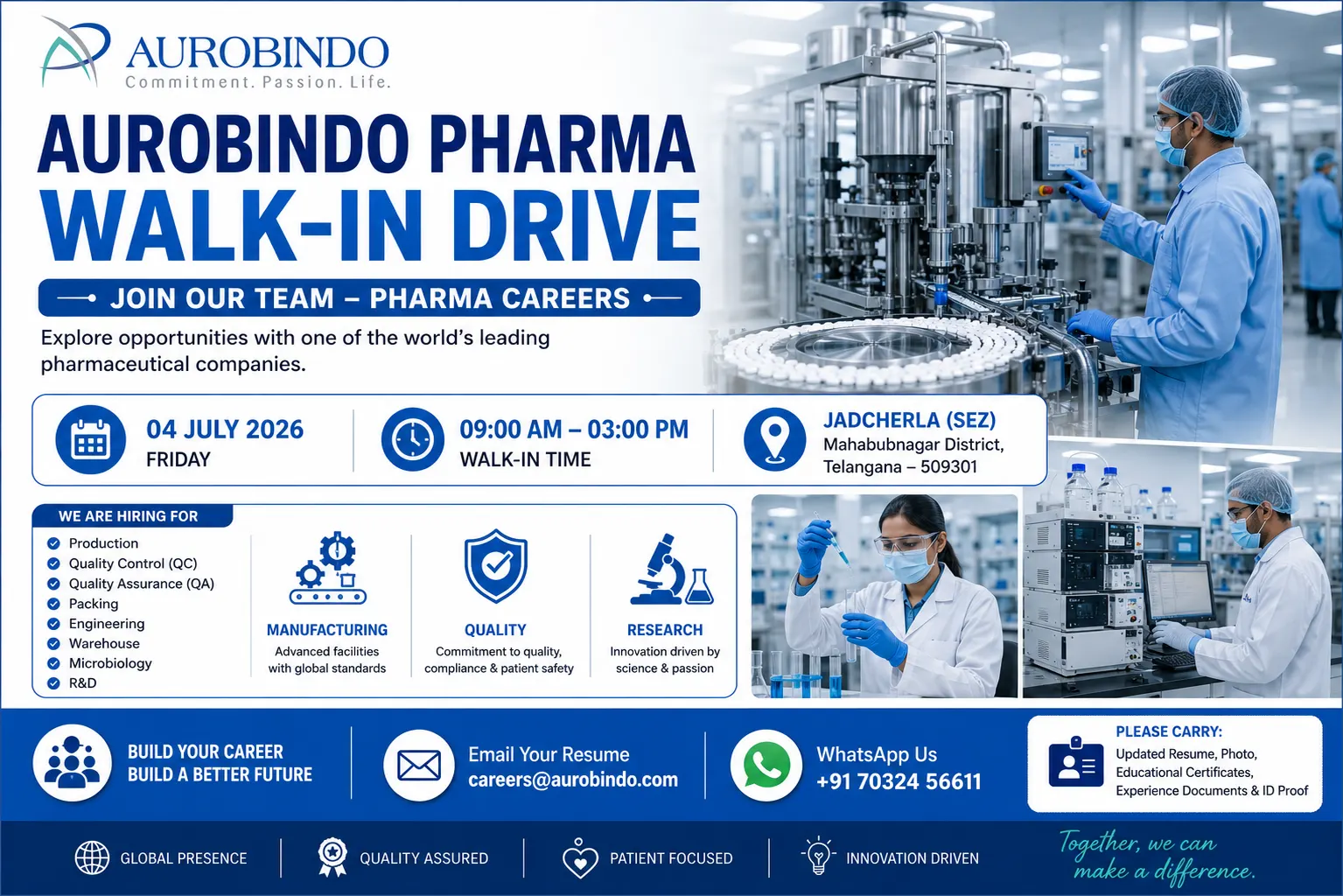 Aurobindo Pharma Walk-In Interview 2026