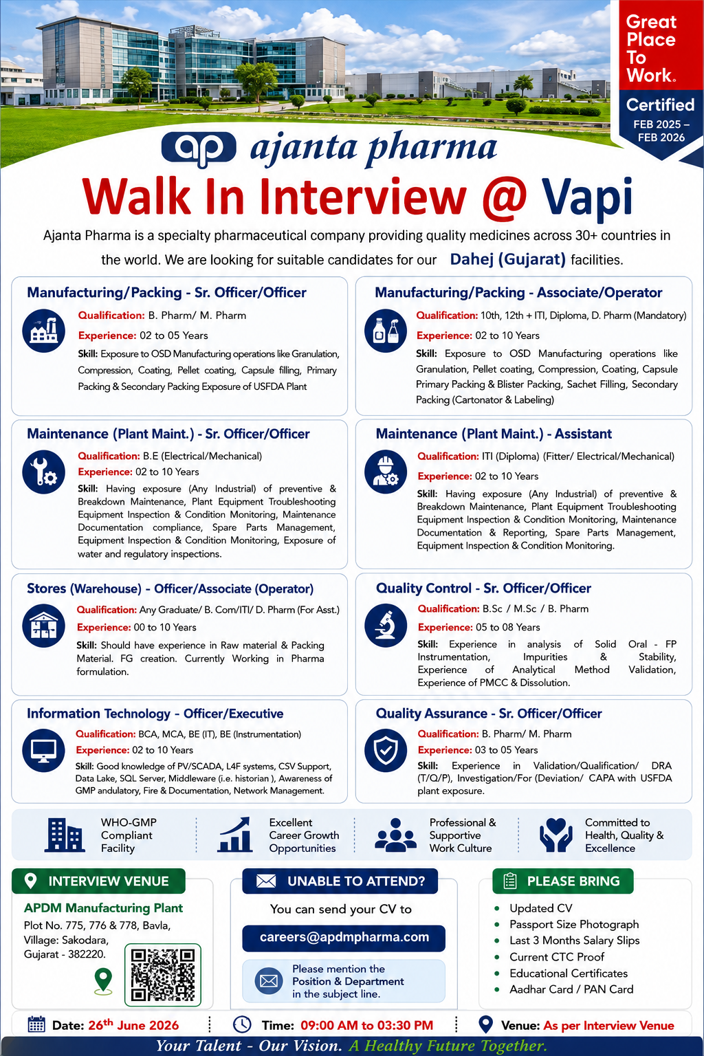 Ajanta Pharma Walk-In Interview 2026