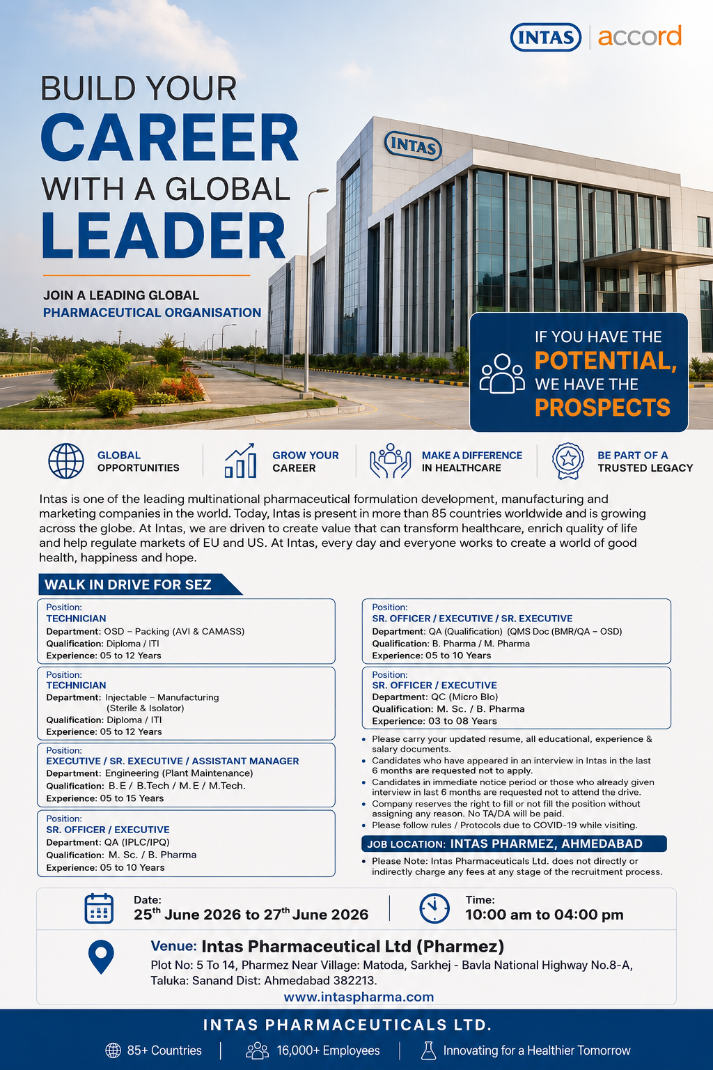 Intas Pharmaceuticals Walk-In Interview 2026