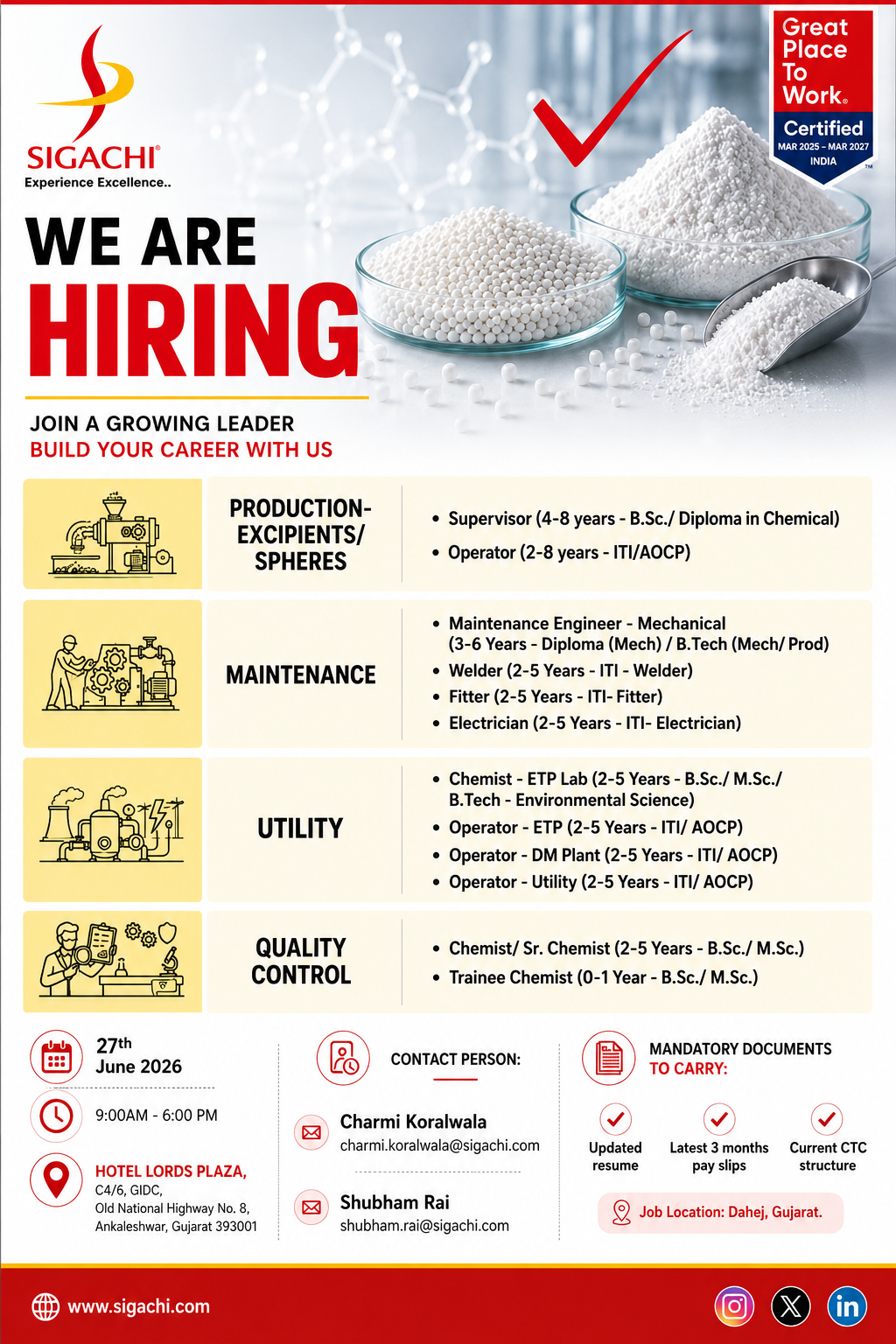 Link this article to:

MRF Walk-In Interview 2026 | Engineers, Supervisors & Assistants Jobs in Vadodara (Dahej Plant)
Titan Pharmaplus Hiring Purchase Executive / Sr Executive | Pharma Supply Chain Jobs in Navi Mumbai 2026
Viatris (Mylan) Hiring QC Professionals 2026 | Pharma Quality Control Jobs in Nashik | Walk-In Daman
Synergene Active Ingredients Hiring R&D Professionals | Pharma API Jobs in Hyderabad 2026
DSK InnoSciences Hiring Scientist – Chemistry Research | Pharma R&D Jobs in Hosur 2026