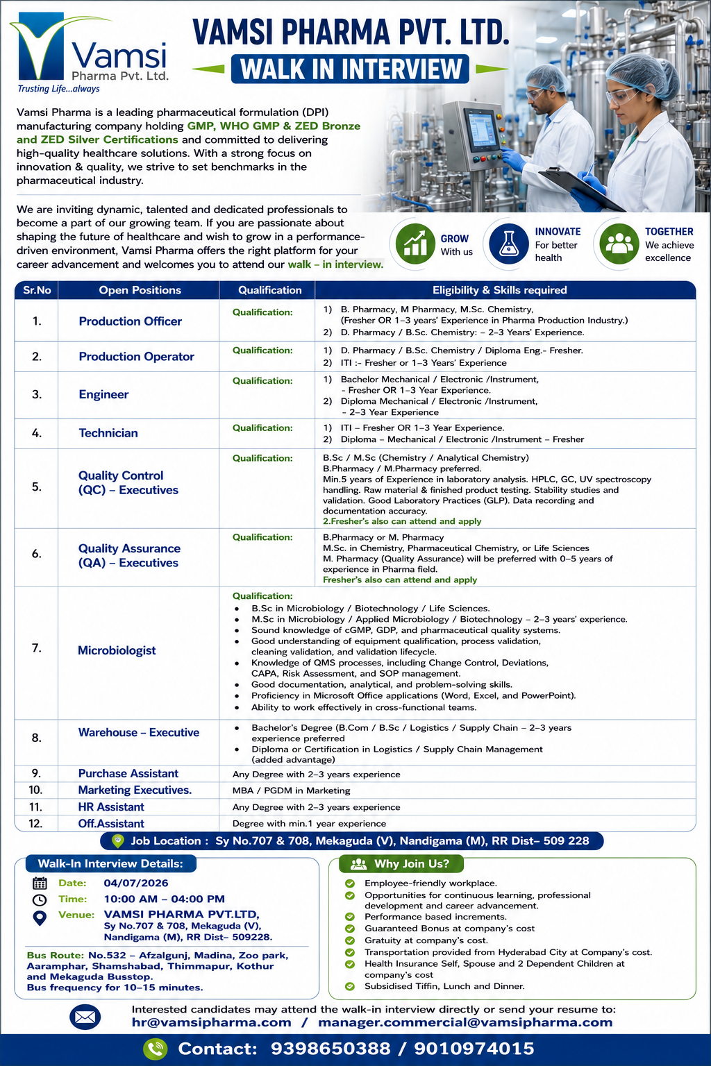 Vamsi Pharma Walk-In Interview 2026