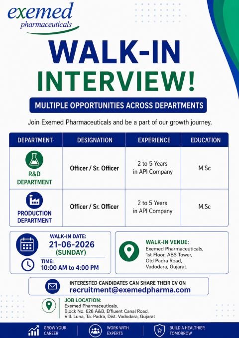 Exemed Pharmaceuticals Walk-In Interview 2026