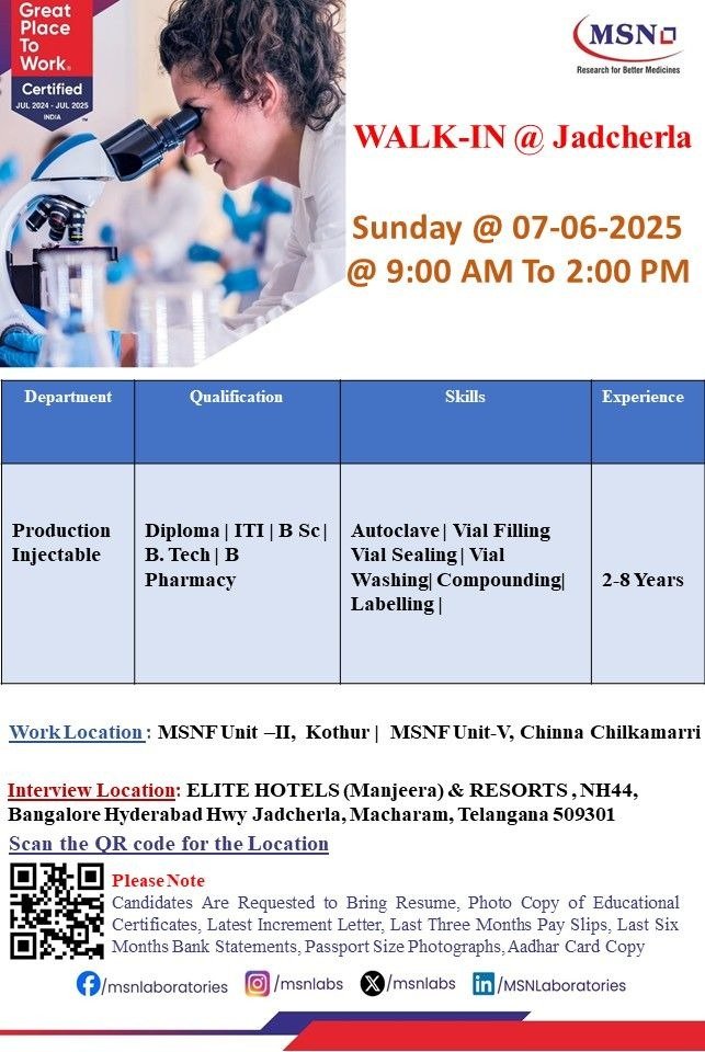 MSN Laboratories Walk-In Interview 2026