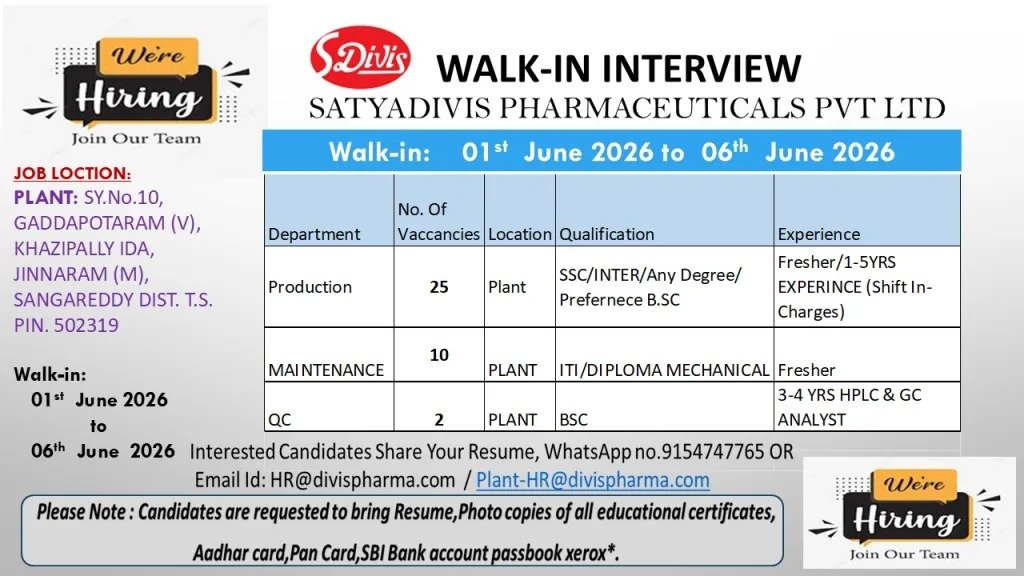 SATYADIVIS Pharma Walk-In Interview 2026