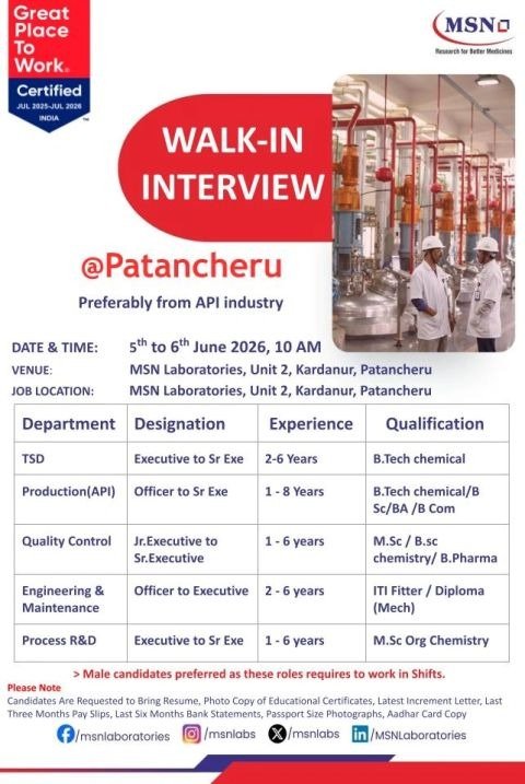 MSN Laboratories Walk-In Interview
