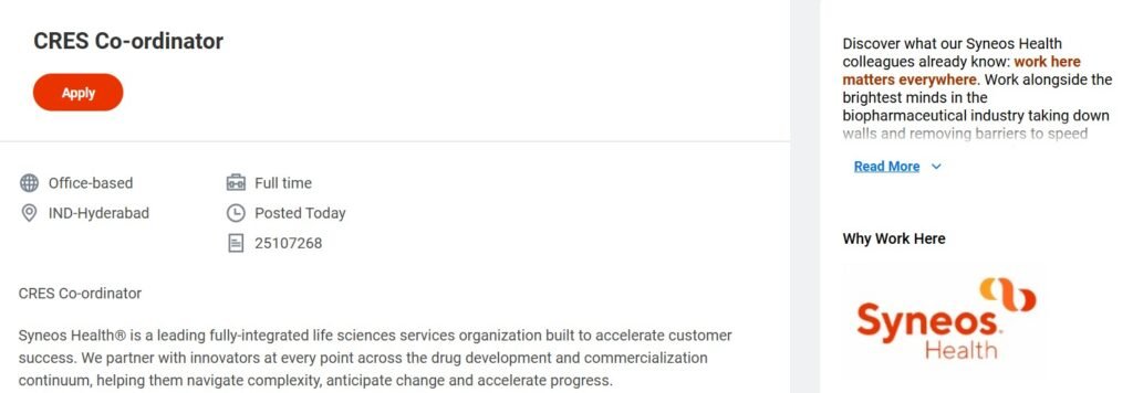 Syneos Health Hiring CRES Co-ordinator in Hyderabad 2026