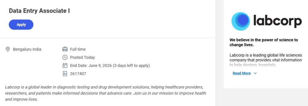 Labcorp Hiring Data Entry Associate I in Bengaluru 2026