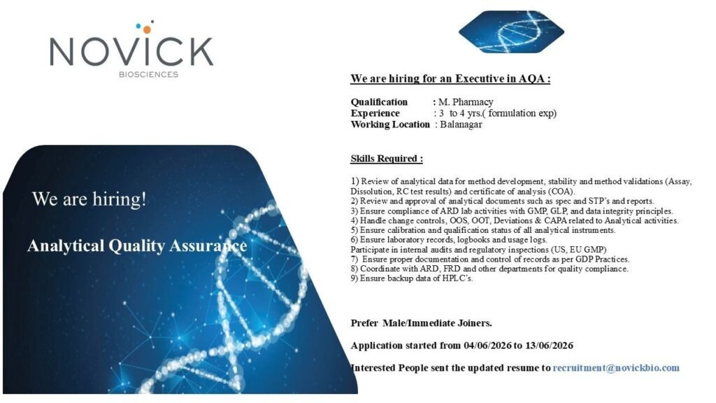 Novick Biosciences Hiring AQA Executive in Hyderabad 2026