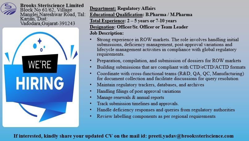 Brooks Steriscience Hiring Regulatory Affairs Professionals in Gujarat 2026
