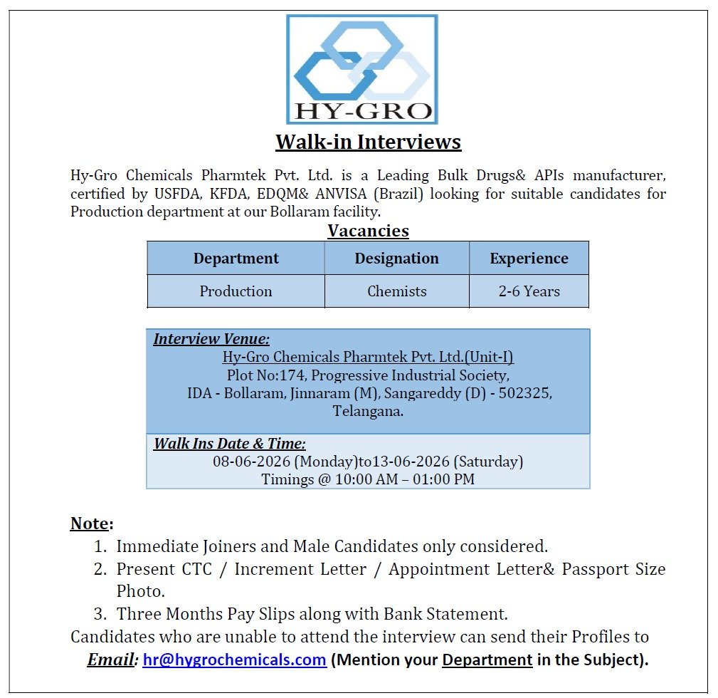 Hy-Gro Chemicals Pharmtek Walk-In Interview 2026