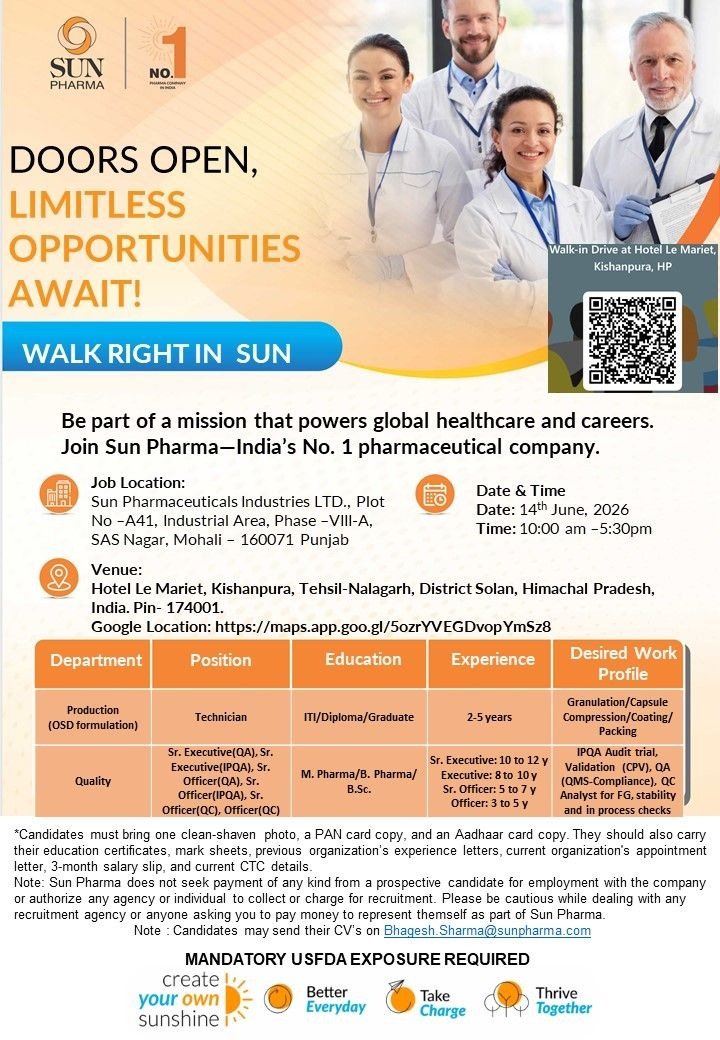 Sun Pharma Walk-In Interview 2026