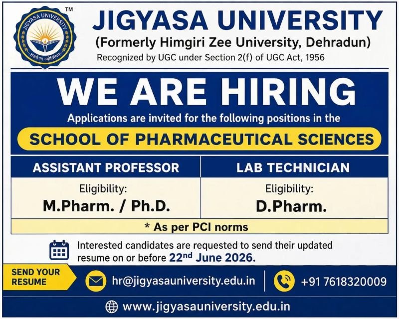 Jigyasa University Pharmacy Faculty Jobs 2026