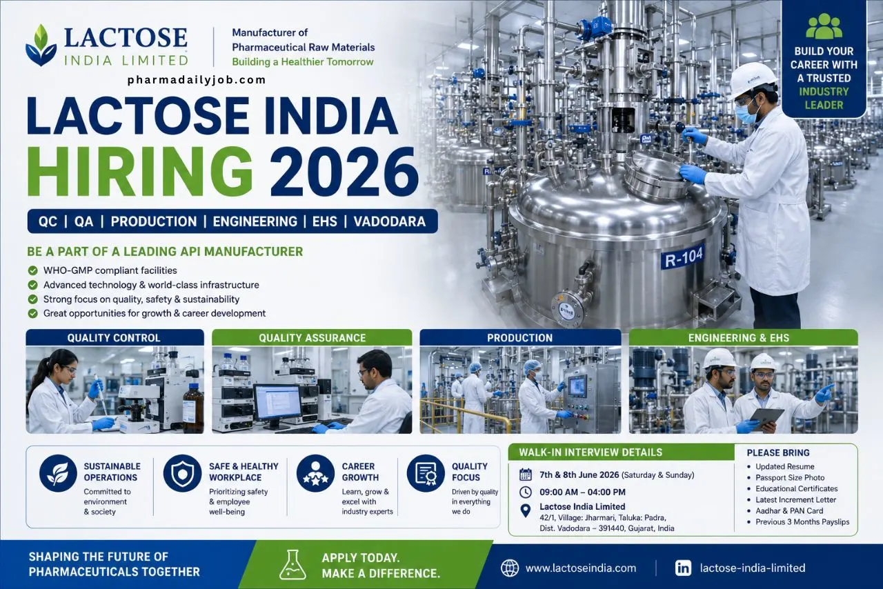 Lactose India Limited Hiring 2026 – QC, QA, Production, Engineering & EHS Jobs in Vadodara