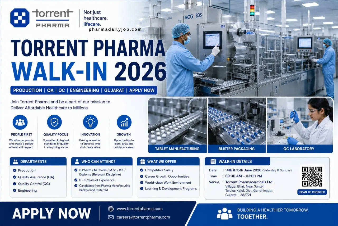 Create a realistic 1280x854 pharmaceutical hiring banner showing a modern tablet manufacturing line with operators monitoring machines, blister packaging units, and QC lab visuals. Use a clean blue corporate theme. Add bold headline: “Torrent Pharma Walk-In 2026”. Subtext: “Production | QA | QC | Engineering | Gujarat | Apply Now”.
