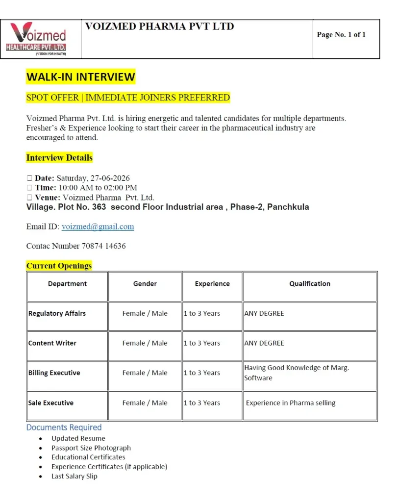 Voizmed Pharma Walk-In Interview 2026
