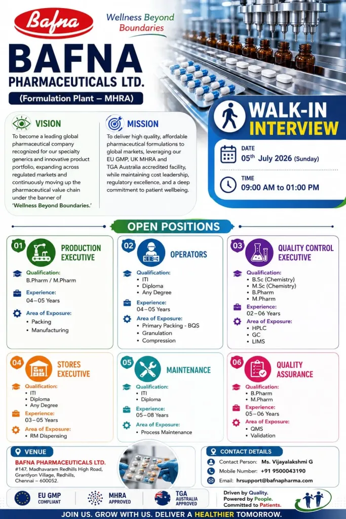 Bafna Pharma Walk-In Interview 2026