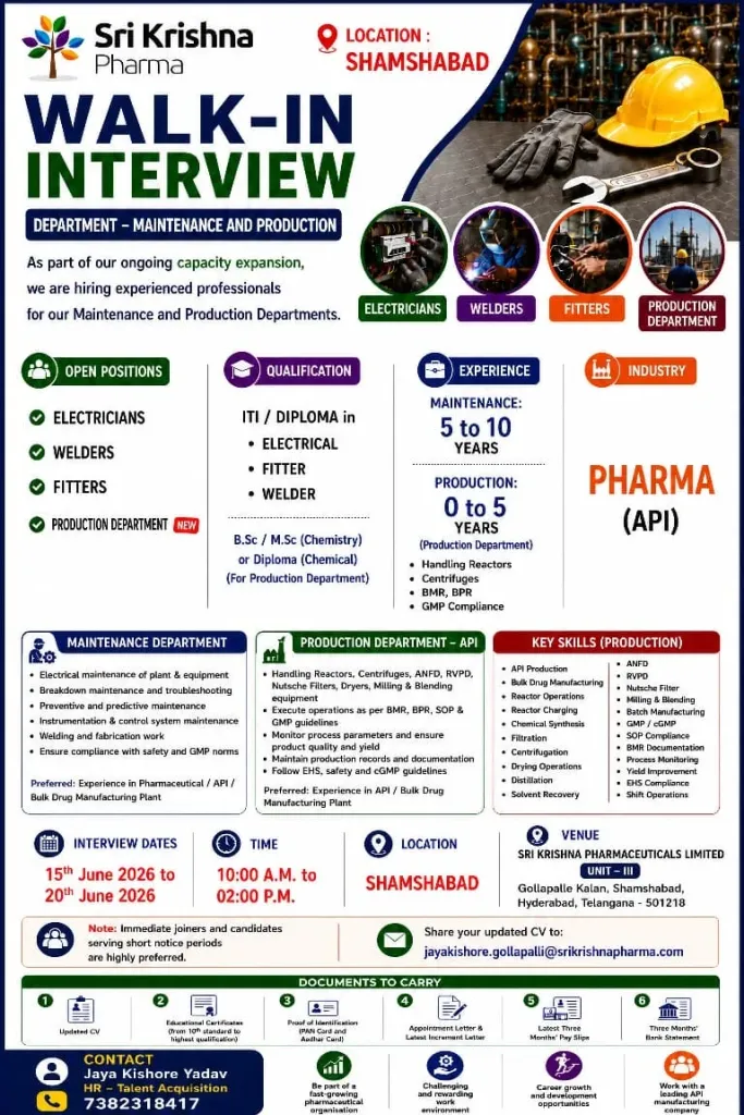 Sri Krishna Pharma Walk-In Interview 2026