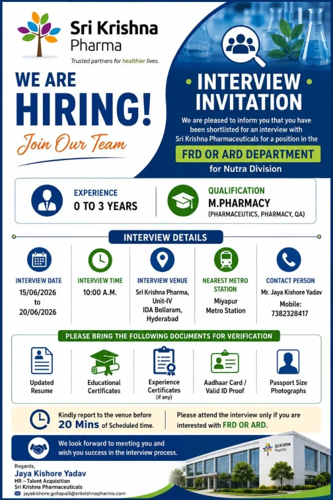 Sri Krishna Pharma Walk-In Interview 2026