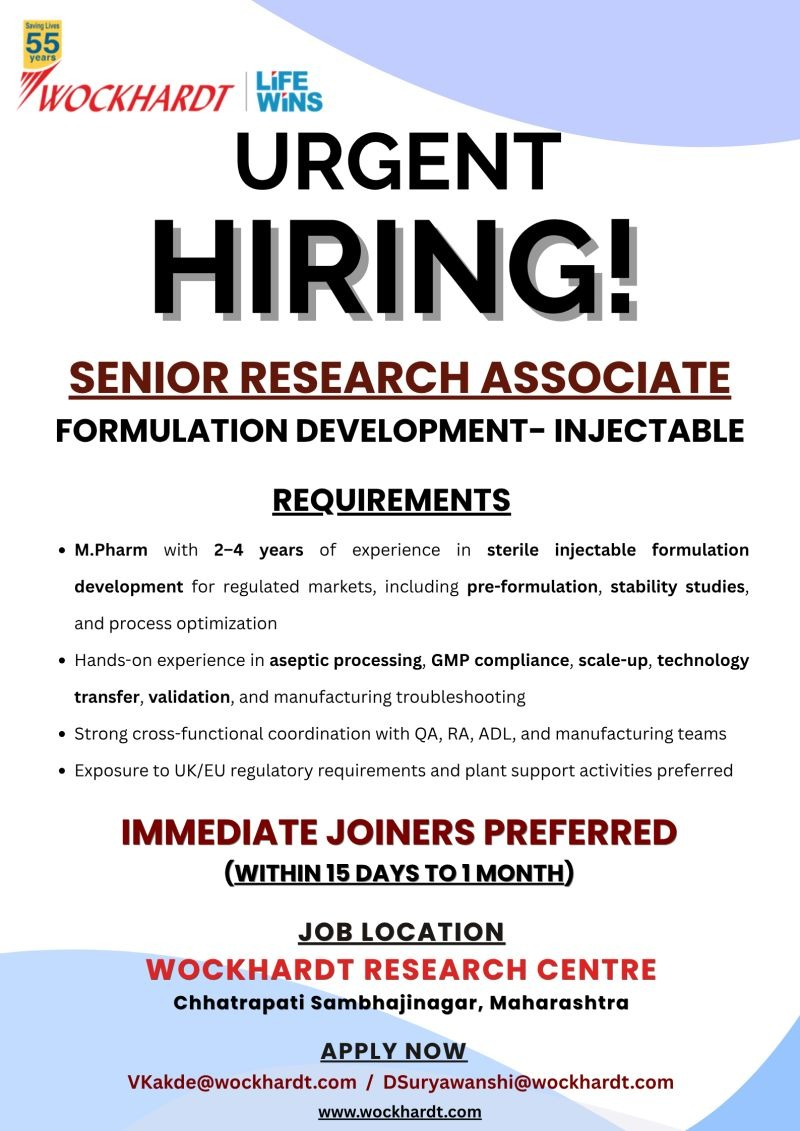 Wockhardt hiring Senior Research