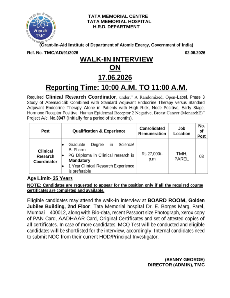 Tata Memorial Hospital Walk-In Interview 2026