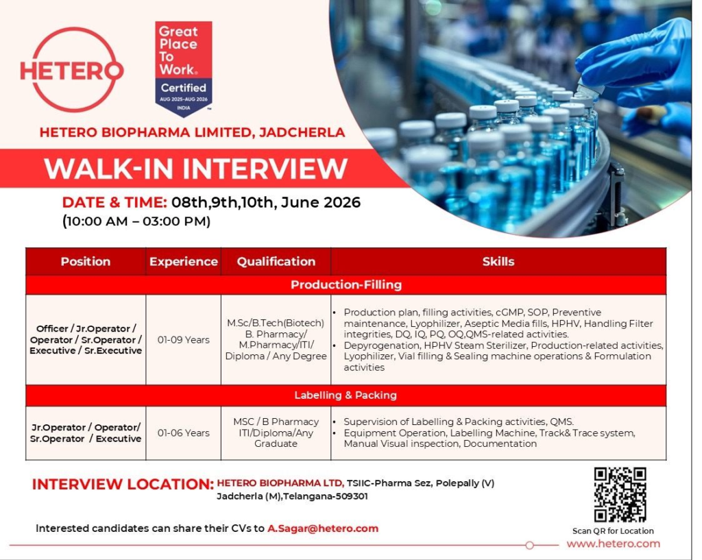 Hetero Biopharma Walk-In Interview 2026