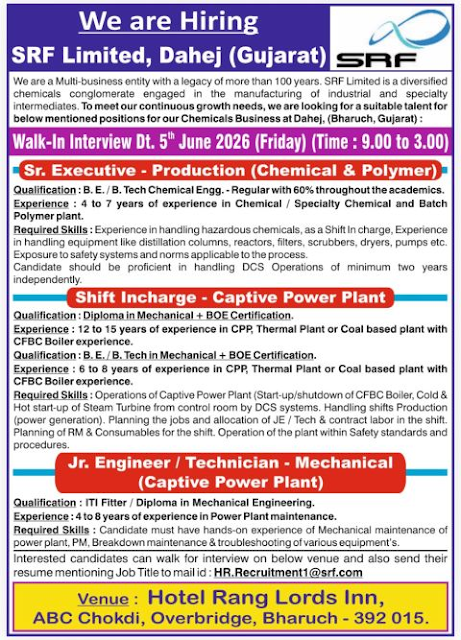 SRF Limited Dahej Walk-In Interview
