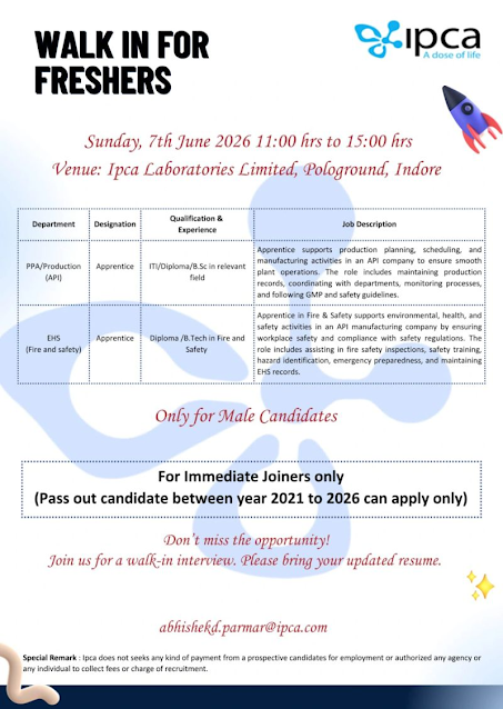 Ipca Laboratories Freshers Walk-In Interview 2026