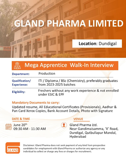 Gland Pharma Walk-In 2026