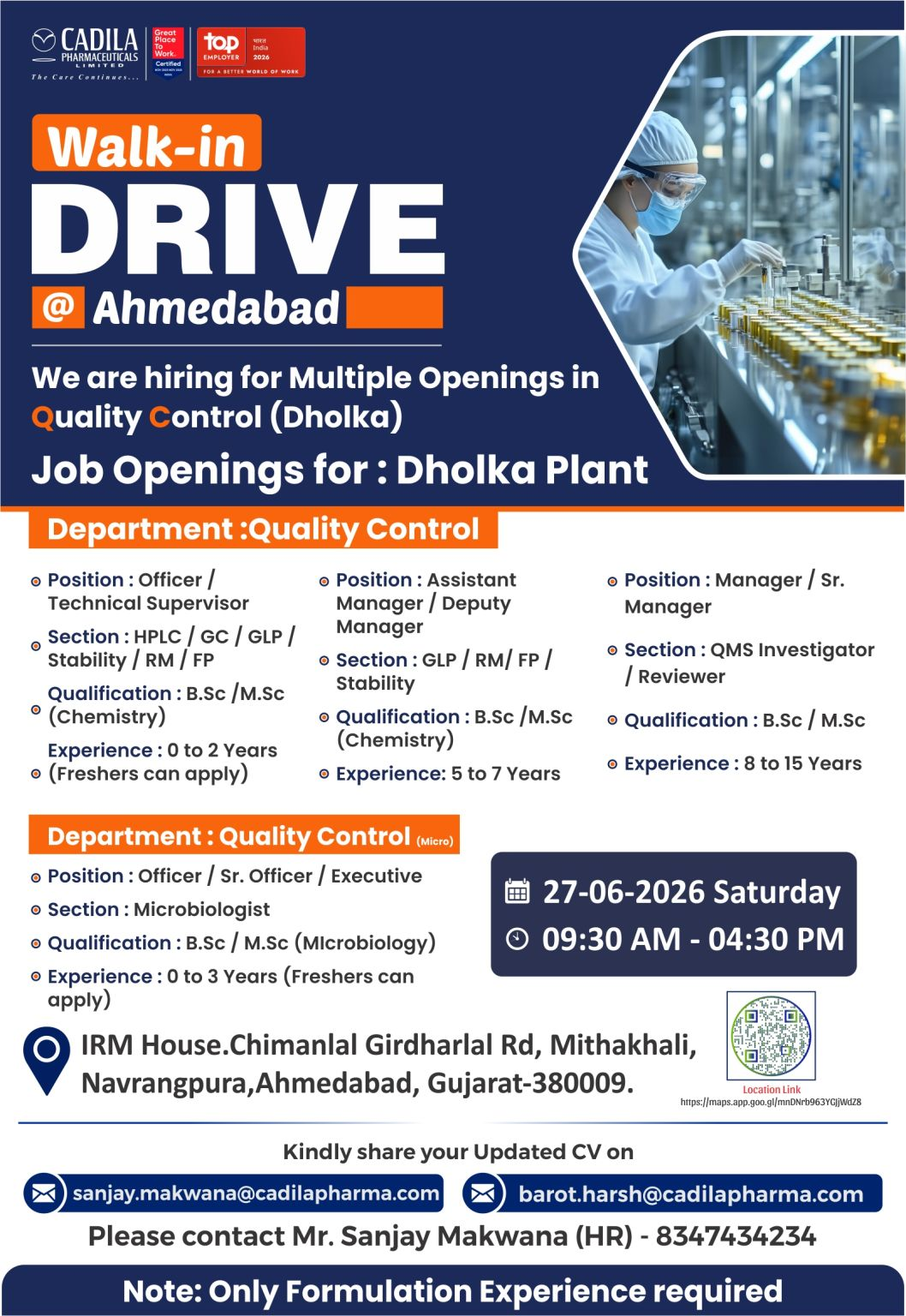 Cadila Pharmaceuticals QC Jobs 2026