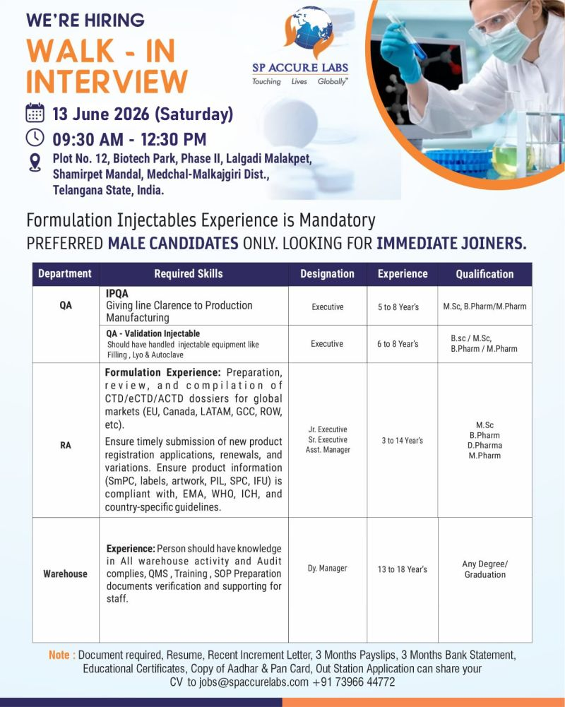 SP Accure Labs Walk-In Interview 2026