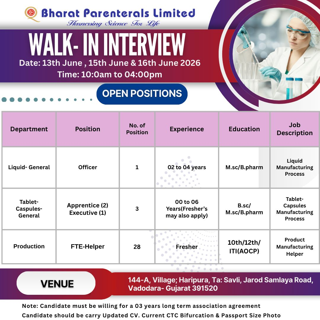 Bharat Parenterals Limited Walk-in Interview 2026