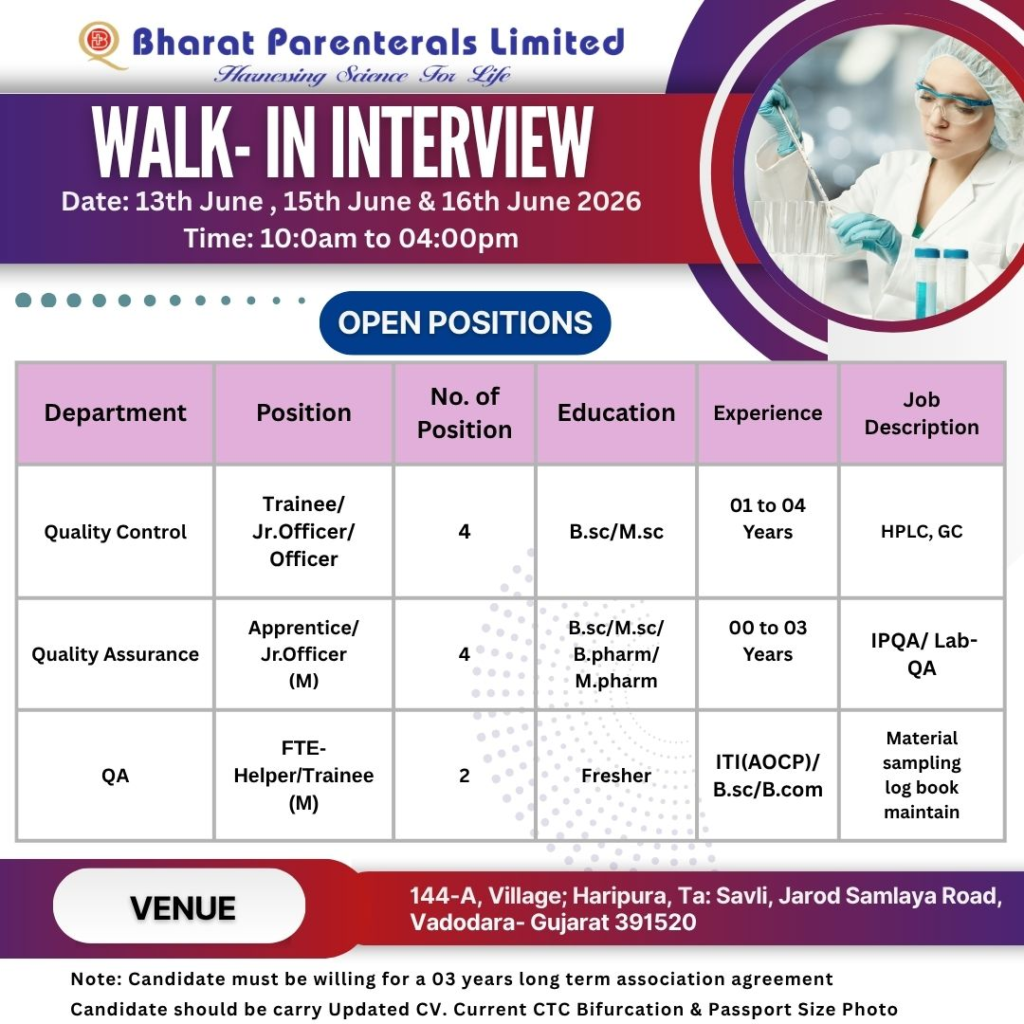 Bharat Parenterals Limited Walk-in Interview 2026