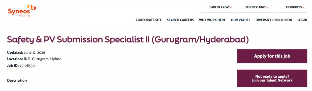 Safety & PV Submission Specialist II Job at Syneos Health