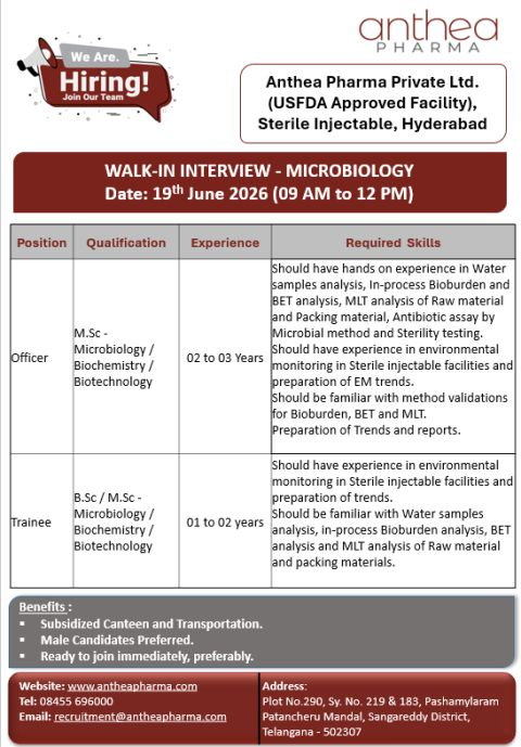 Anthea Pharma Walk-in Interview 2026