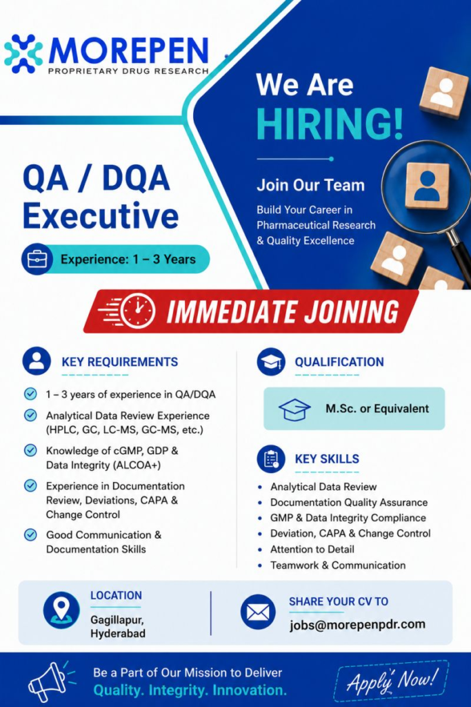 MOREPEN Hiring QA/DQA Executive 2026