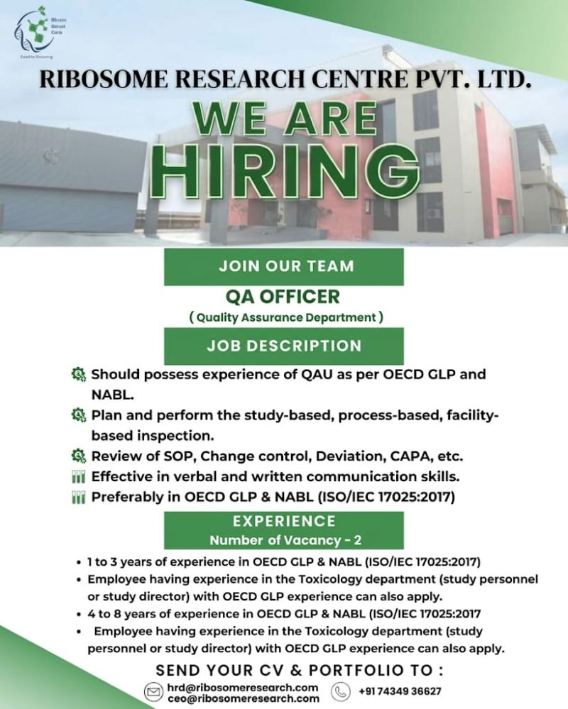 Ribosome Research Centre Hiring QA Officer 2026