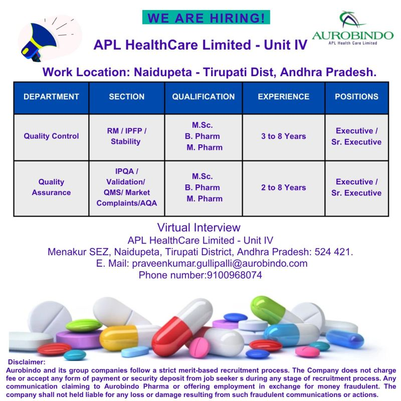 Aurobindo APL HealthCare Hiring QC QA Executives in Naidupeta Tirupati