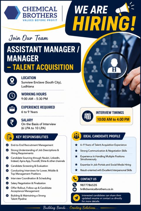 Chemical Brothers Hiring Talent Acquisition Manager in Ludhiana 