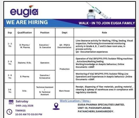Eugia Pharma Walk-in Interview 2026