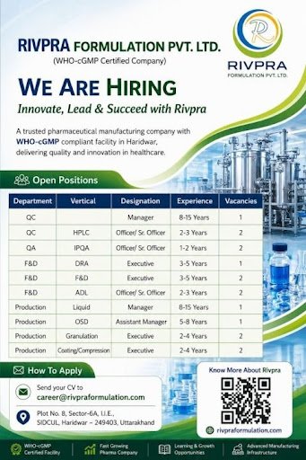 Rivpra Formulation Pharma Jobs 2026: QA, QC, F&D & Production Hiring in Haridwar