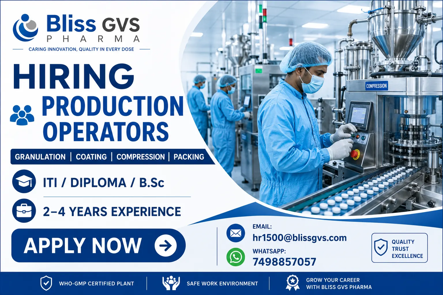 Bliss GVS Pharma Hiring Production Operators 2026