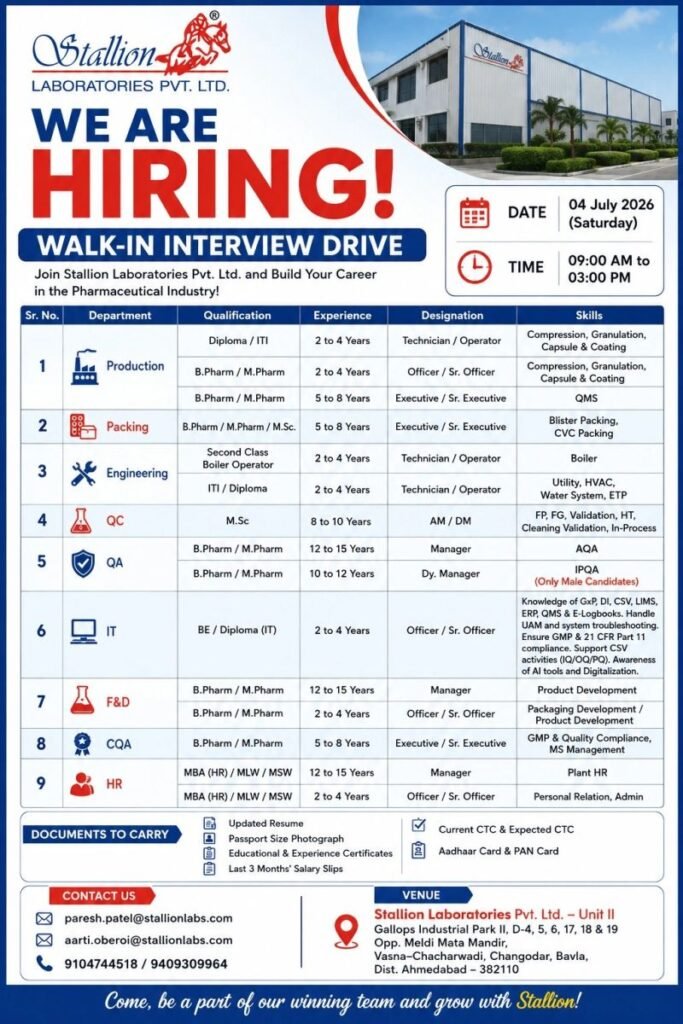 Stallion Laboratories Walk-in Interview 2026