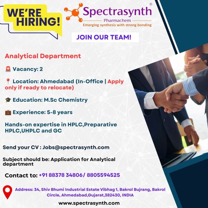 Spectrasynth Pharmachem Hiring 2026 | Analytical Jobs in Ahmedabad for M.Sc Chemistry (5–8 Years)