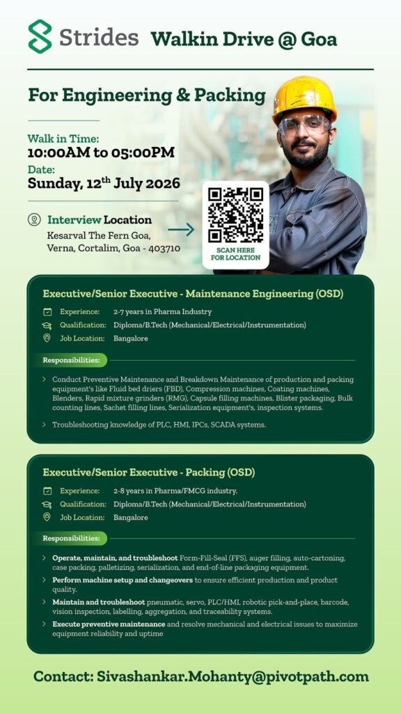 Strides Walk-In Interview 2026 | Engineering & Packing Jobs in Bangalore (2–8 Years)