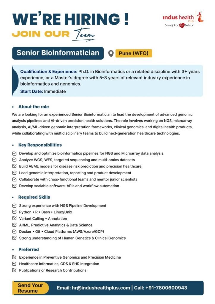 Senior Bioinformatician Job in Pune 2026 | Indus Health Plus Hiring (Genomics & AI Role)