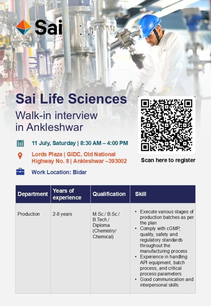 Sai Life Sciences Walk-In Interview 2026